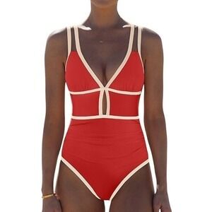 Popvil Women One Pc Swimsuit Tummy Control Cutout Neon Colorblock Brick/White Lg